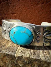 Image 4 of WL&A Handmade Ingot Old Style Five Peaks Repoussé Navajo Blue Cuff - Size 7" to 7.5" Wrist