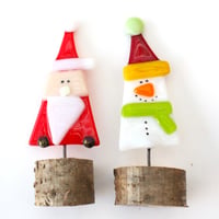 Image 1 of Fused glass Christmas decoration Santa or snowman in wooden stand