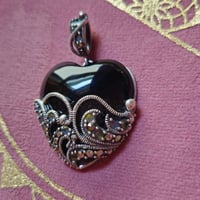 Image 3 of Vintage Sterling Black Onyx and Marcasite Talisman for Protection & Karmic Reflection