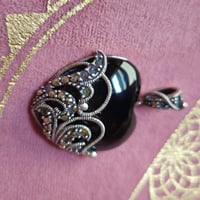 Image 4 of Vintage Sterling Black Onyx and Marcasite Talisman for Protection & Karmic Reflection