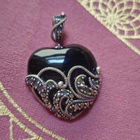 Image 1 of Vintage Sterling Black Onyx and Marcasite Talisman for Protection & Karmic Reflection