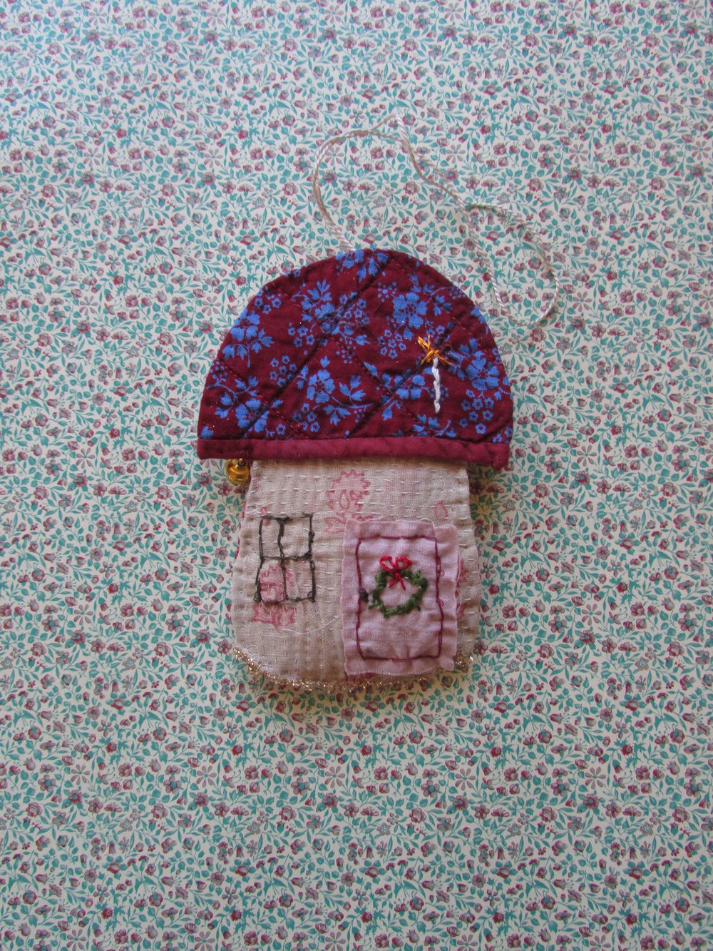 Image of Mushroom house ornament, burgandy