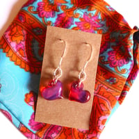 Image 3 of Lampworked Glass Heart Dangle Earrings on Silver Hooks