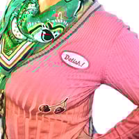 Image 3 of Women's Retro Cardigan, 1 of a kind , Pink & green ribbed fitted ,"Delish" name tag, 