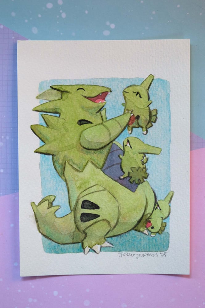 Image of Tyranitar and Larvitar - Original Watercolor Painting