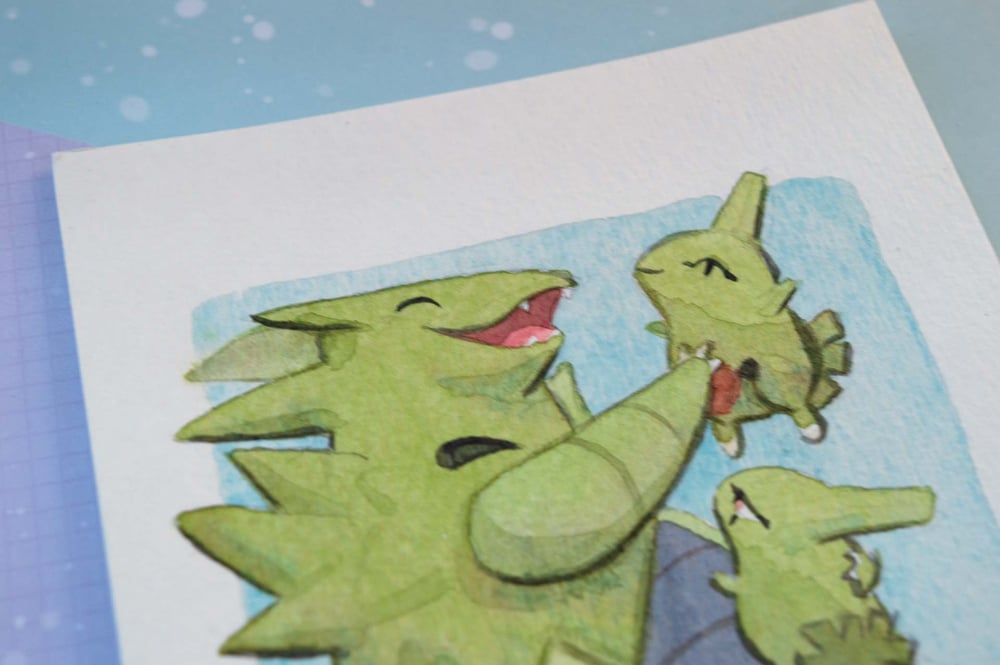 Image of Tyranitar and Larvitar - Original Watercolor Painting