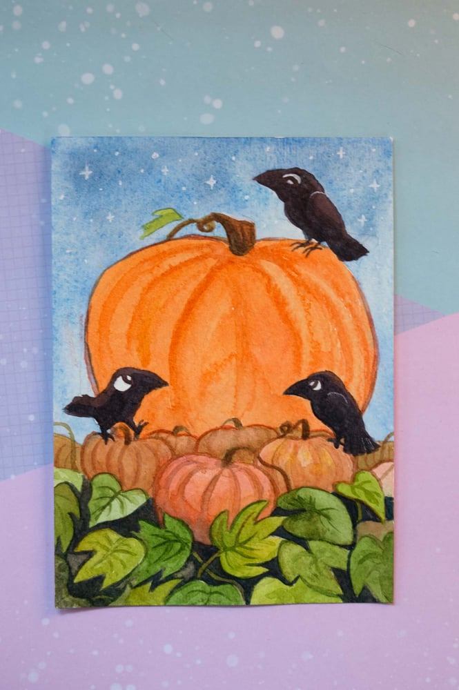 Image of Crows in the Field - Original Watercolor Painting