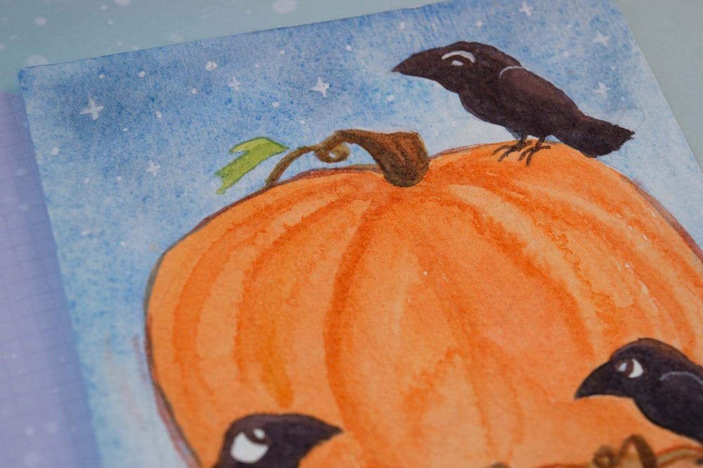 Image of Crows in the Field - Original Watercolor Painting