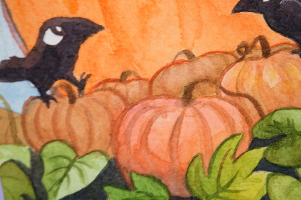 Image of Crows in the Field - Original Watercolor Painting