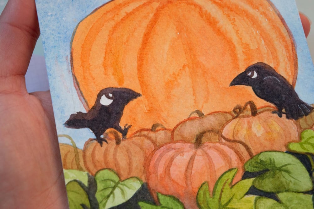 Image of Crows in the Field - Original Watercolor Painting