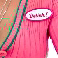 Image 1 of Women's Retro Cardigan, 1 of a kind , Pink & green ribbed fitted ,"Delish" name tag, 