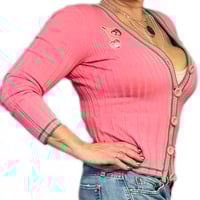 Image 5 of Women's Retro Cardigan, 1 of a kind , Pink & green ribbed fitted ,"Delish" name tag, 
