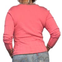 Image 7 of Women's Retro Cardigan, 1 of a kind , Pink & green ribbed fitted ,"Delish" name tag, 