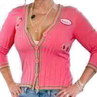 Image 8 of Women's Retro Cardigan, 1 of a kind , Pink & green ribbed fitted ,"Delish" name tag, 