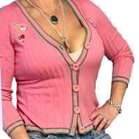 Image 6 of Women's Retro Cardigan, 1 of a kind , Pink & green ribbed fitted ,"Delish" name tag, 