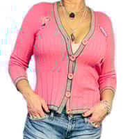 Image 9 of Women's Retro Cardigan, 1 of a kind , Pink & green ribbed fitted ,"Delish" name tag, 