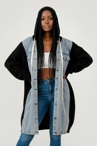 Image 1 of DENIM AND KNIT COLOR BLOCK LONG DIVA JACKET