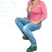 Image 2 of Women's Retro Cardigan, 1 of a kind , Pink & green ribbed fitted ,"Delish" name tag, 