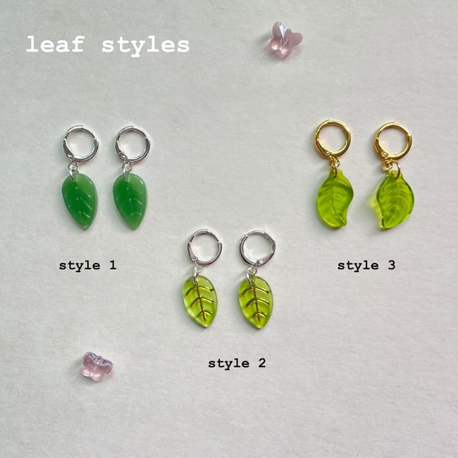 glass green leaf huggie hoop earrings