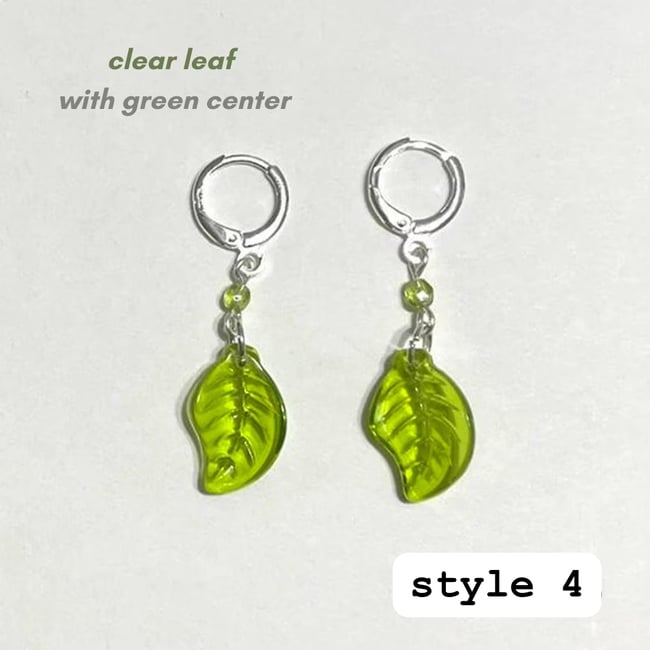 glass green leaf huggie hoop earrings