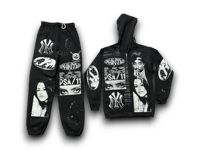 Image 1 of Aaliyah 2pac NY art dept upcycled screen print black/whitezip up hoodie and sweatpants set
