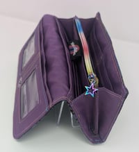 Image 4 of Handmade Black Rainbow Vinyl Clutch Wallet, Purple Interior