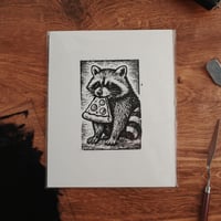 Image 1 of Pizza Pal Raccoon Linocut Print: Funny Animal Wall Decor | Whimsical Woodland Print | Pizza Lover...