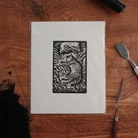 Image 1 of Cozy Cat Linocut Print: Limited Edition Black &amp; White Art (8x10)