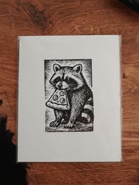 Image 2 of Pizza Pal Raccoon Linocut Print: Funny Animal Wall Decor | Whimsical Woodland Print | Pizza Lover...