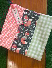 Image 1 of Potholder, Christmas Fox, Colors are Dark Green, Melon, Mint Green