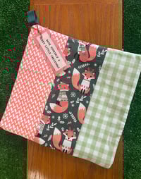 Image 2 of Potholder, Christmas Fox, Colors are Dark Green, Melon, Mint Green