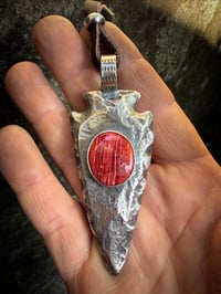 Image 2 of WL&A Handmade Large Sterling Silver Red Sponge Coral Arrowhead Pendant - Sz 3.5" - 95 grams
