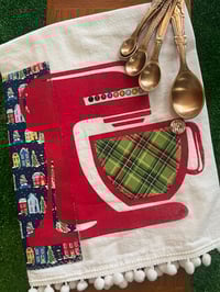 Image 1 of Flour Sack Towel, Red Stenciled Mixer with Liberty of London Navy Blue Winter Houses