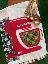 Image 2 of Flour Sack Towel, Red Stenciled Mixer with Liberty of London Navy Blue Winter Houses