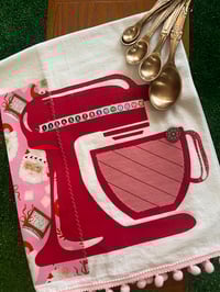 Image 1 of Flour Sack Towel, Red Stencil Mixer with Pink Santa Fabric