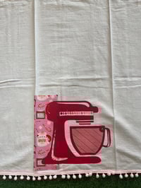 Image 3 of Flour Sack Towel, Red Stencil Mixer with Pink Santa Fabric