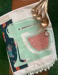 Image 1 of Flour Sack Towel, Mint Green Stenciled Mixer on Dark Green Christmas Fabric