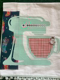 Image 2 of Flour Sack Towel, Mint Green Stenciled Mixer on Dark Green Christmas Fabric