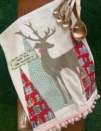 Image 1 of Flour Sack Towel, Deer Stencil on Liberty of London Red Winter Houses
