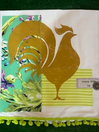 Image 2 of Flour Sack Towel, Gold Rooster Stencil  with Mint Green and Lilac Floral Fabric