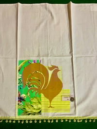 Image 3 of Flour Sack Towel, Gold Rooster Stencil  with Mint Green and Lilac Floral Fabric