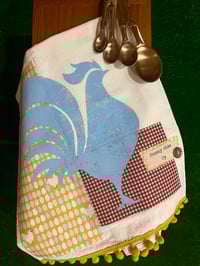 Image 1 of Flour Sack Towel, Blue Stenciled Rooster with Gold Egg Fabric