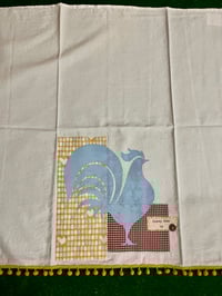 Image 3 of Flour Sack Towel, Blue Stenciled Rooster with Gold Egg Fabric