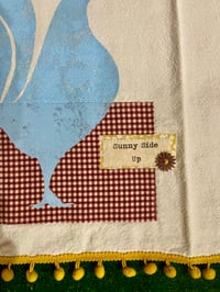 Image 4 of Flour Sack Towel, Blue Stenciled Rooster with Gold Egg Fabric