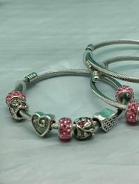 Image 7 of Your Arm Kandii Pink hearts Twisted Cable Wire Stainless Steel Open Cuff charm Bracelet