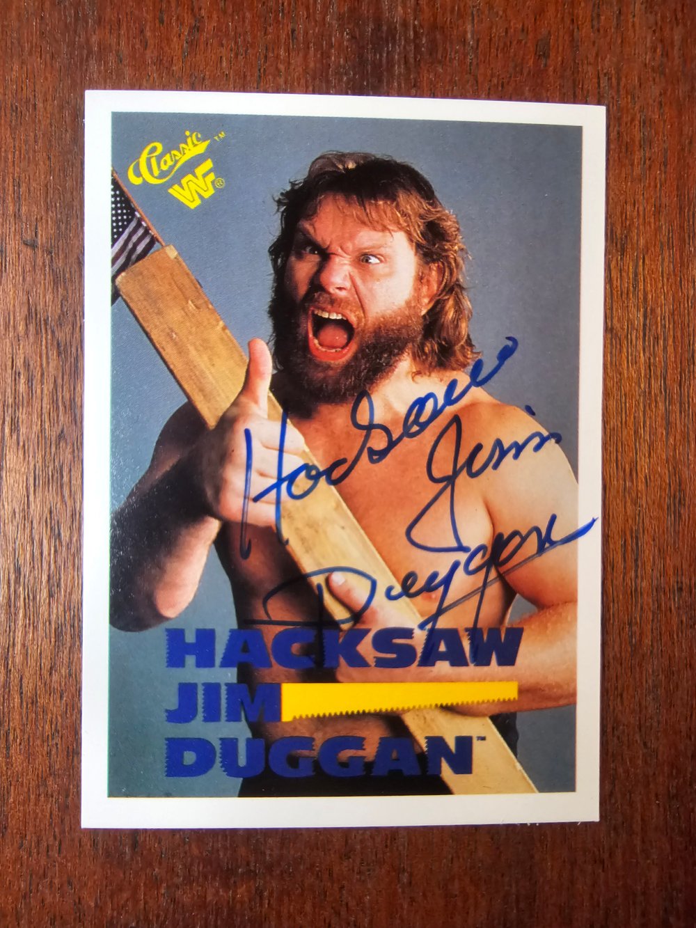 Image of WWF Classic SIGNED Hacksaw Jim Duggan SIGNED Trading Card (Option 3)