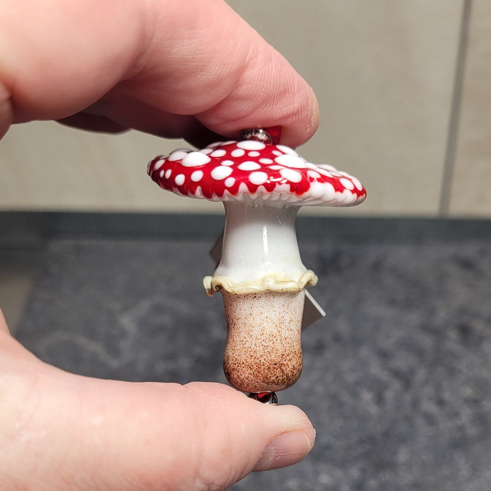Yuletide Holiday Mushroom Ornament #3 - Flameworked Glass