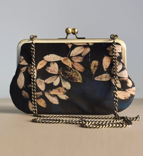 Image of Loch leaf, velvet kisslock shoulder bag with optional crossbody strap