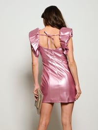 Image 4 of Pink Metallic Puff Ruffle Sleeve Short  Dress