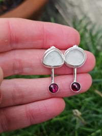 Image 4 of White Cornish Seaglass & Garnet Gemstone Stud Earrings 